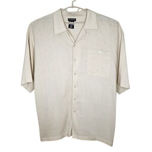 Delf Collection Mens 5XL Linen Short Sleeve Camp Collar Shirt Beige Grid Pattern